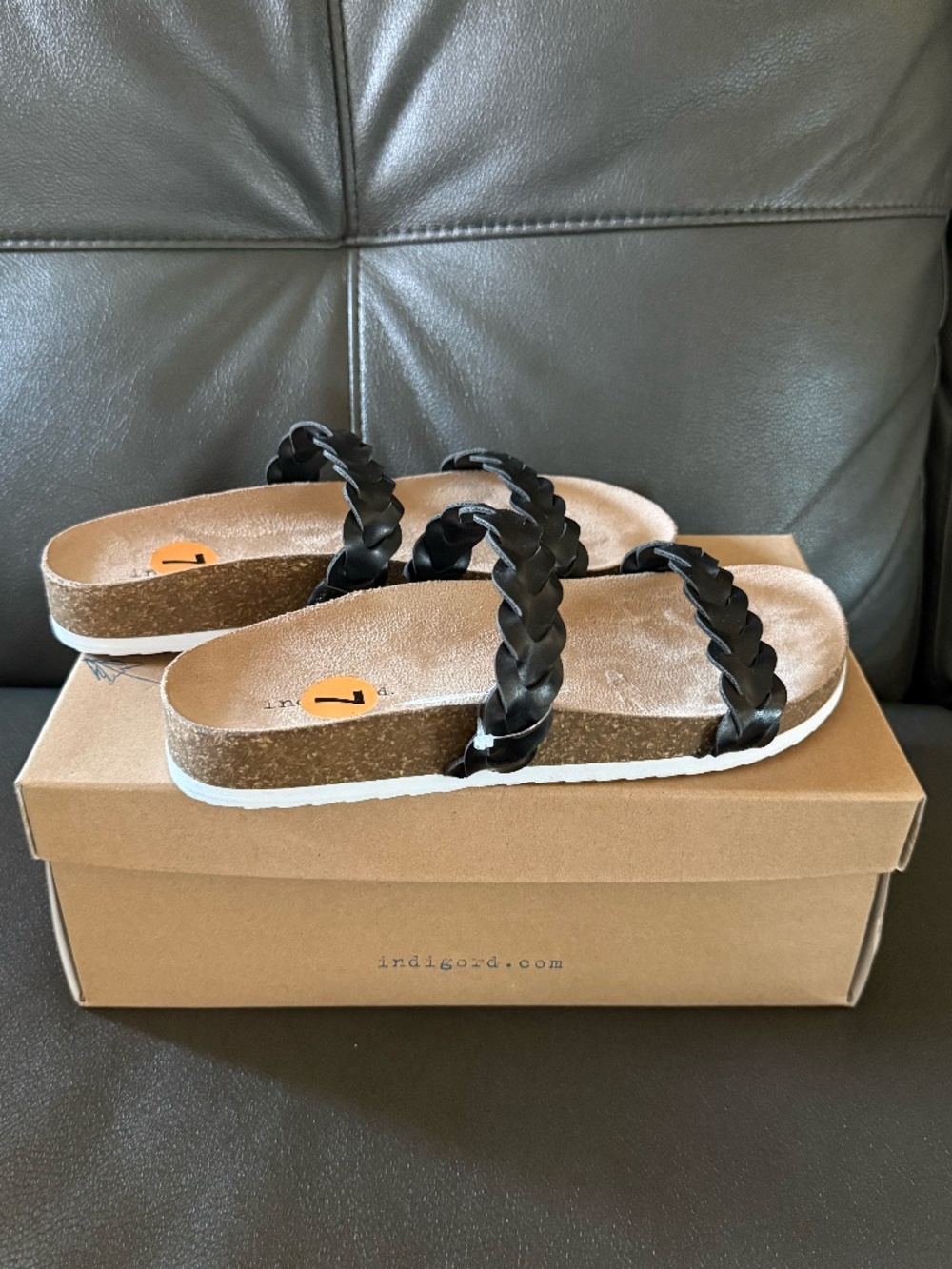 Indigord Braided Strap Cork Footbed Sandal Black Women's 7 NEVER WORN